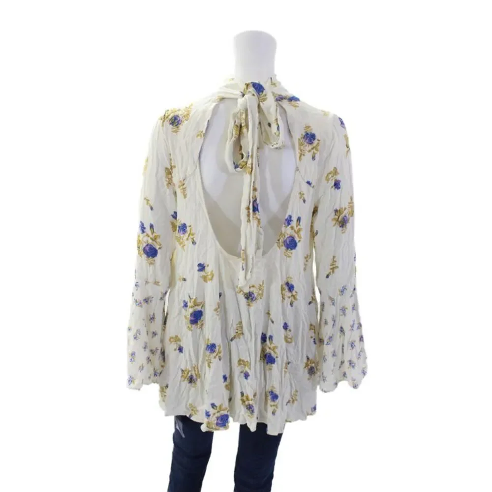 Free People Womens Floral Print Blouse White Multi Colored Size Medium